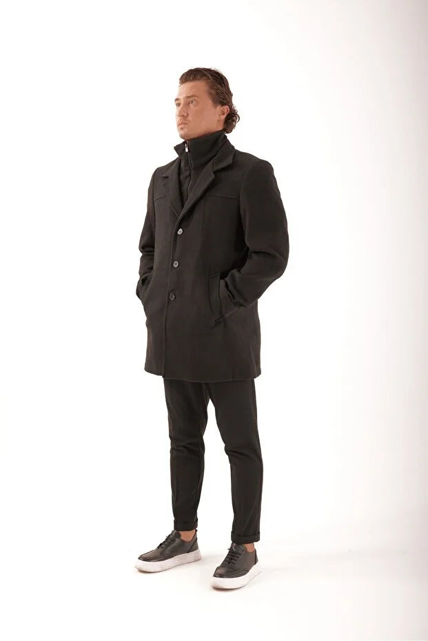 Erkek Yakası Kürklü Çıkma Yelekli Palto - Siyah