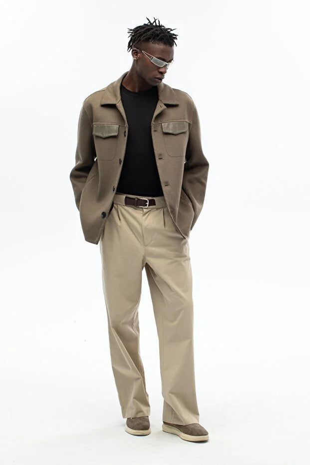 Erkek Yün Karışımlı El Yapımı Deri Detaylı Kaşe Mont