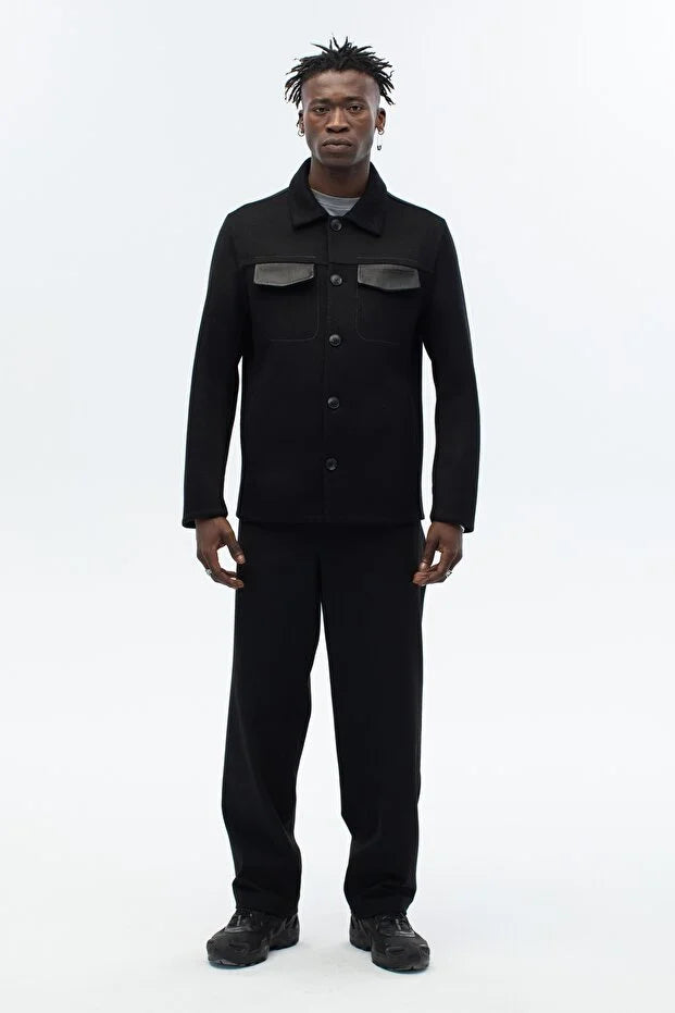 Erkek Yün Karışımlı El Yapımı Deri Detaylı Ceket