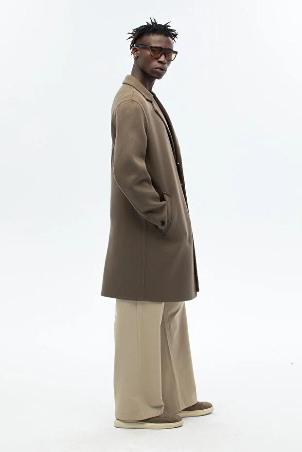 Erkek El Yapımı Yünlü Oversize Palto - Haki