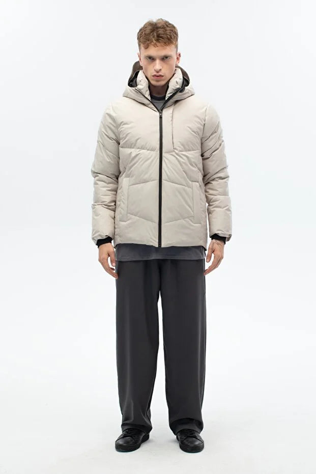 Erkek Dolumlu Kapşonlu Su İticili Mont - Bej