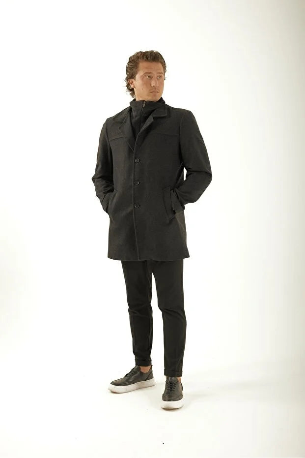 Erkek Yakası Kürklü Çıkma Yelekli Palto - Antrasit