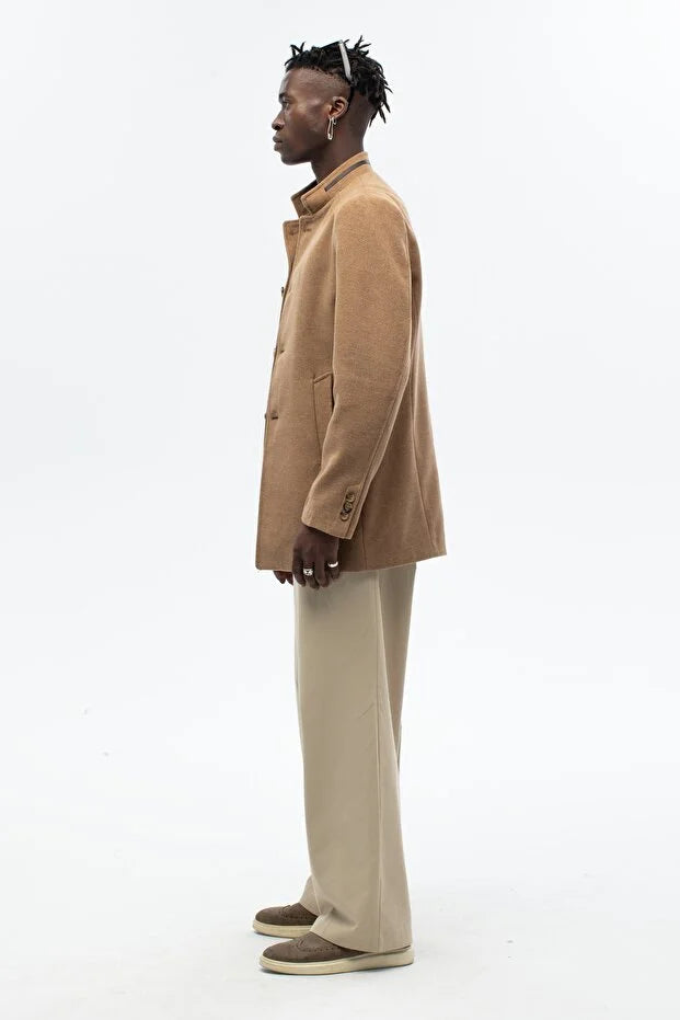 Erkek Yaka Deri Detaylı Standart Fit Palto- Camel