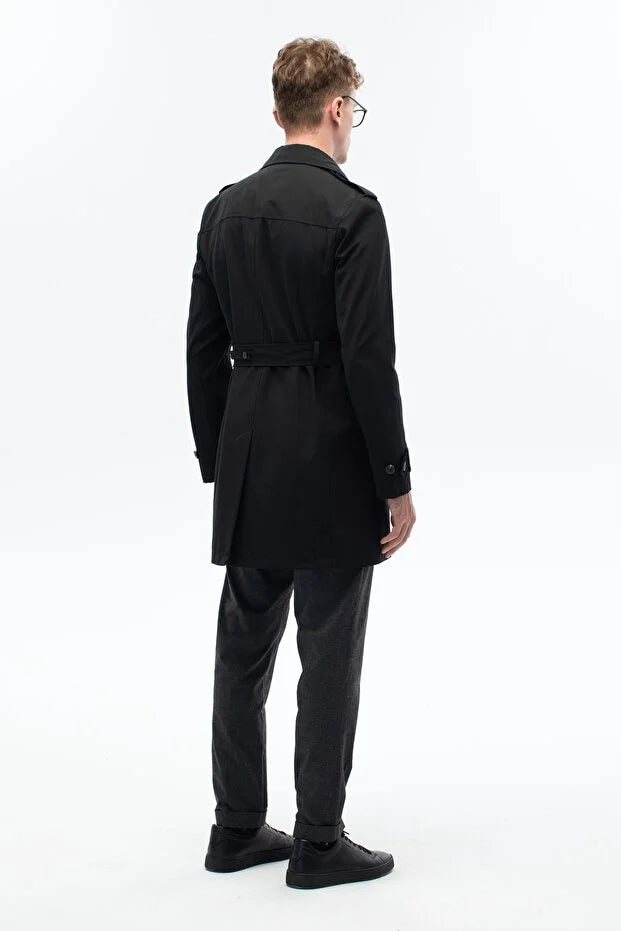 Erkek Kuşak Detaylı Regular Kalıp Kruvaze Trençkot - Siyah