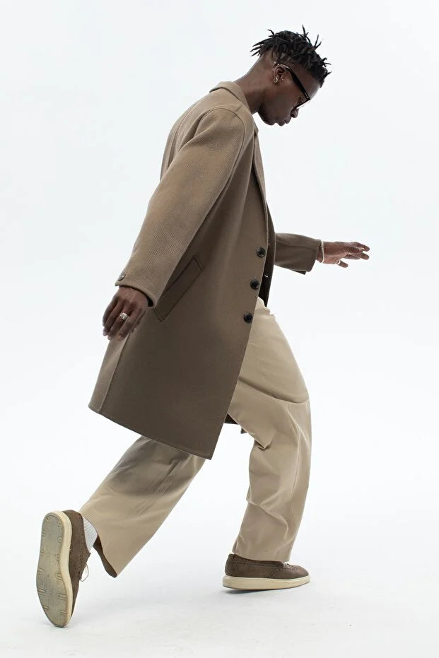 Erkek El Yapımı Yünlü Oversize Palto - Haki