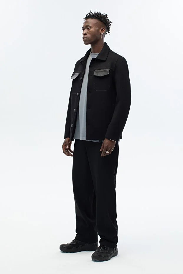 Erkek Yün Karışımlı El Yapımı Deri Detaylı Ceket