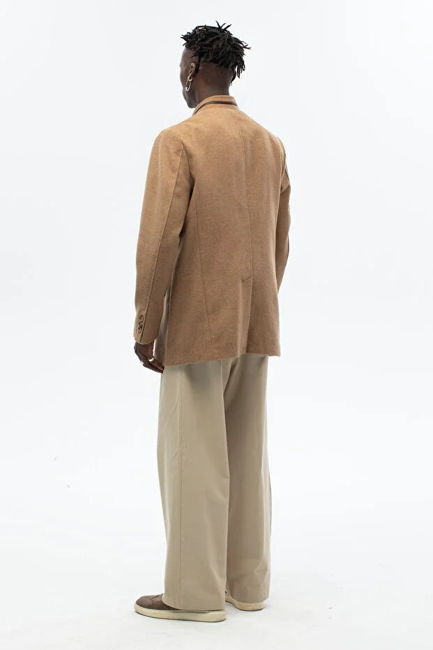 Erkek Yaka Deri Detaylı Standart Fit Palto- Camel