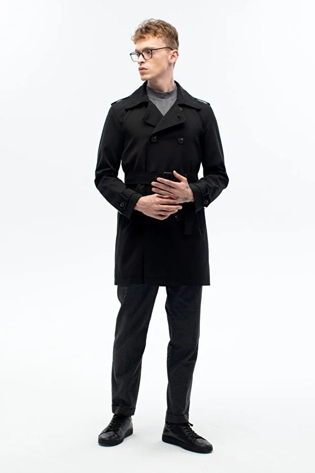 Erkek Kuşak Detaylı Regular Kalıp Kruvaze Trençkot - Siyah