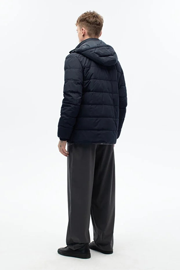 Erkek Lacivert Su Ve Rüzgar Geçirmez Kapşonlu Mont