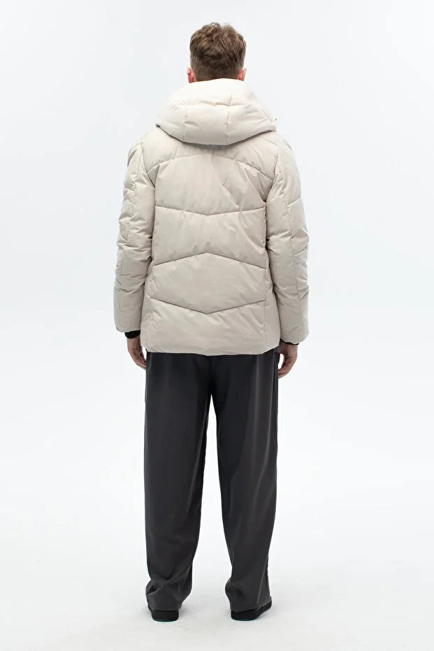 Erkek Dolumlu Kapşonlu Su İticili Mont - Bej