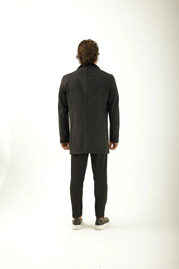 Erkek Yakası Kürklü Çıkma Yelekli Palto - Antrasit