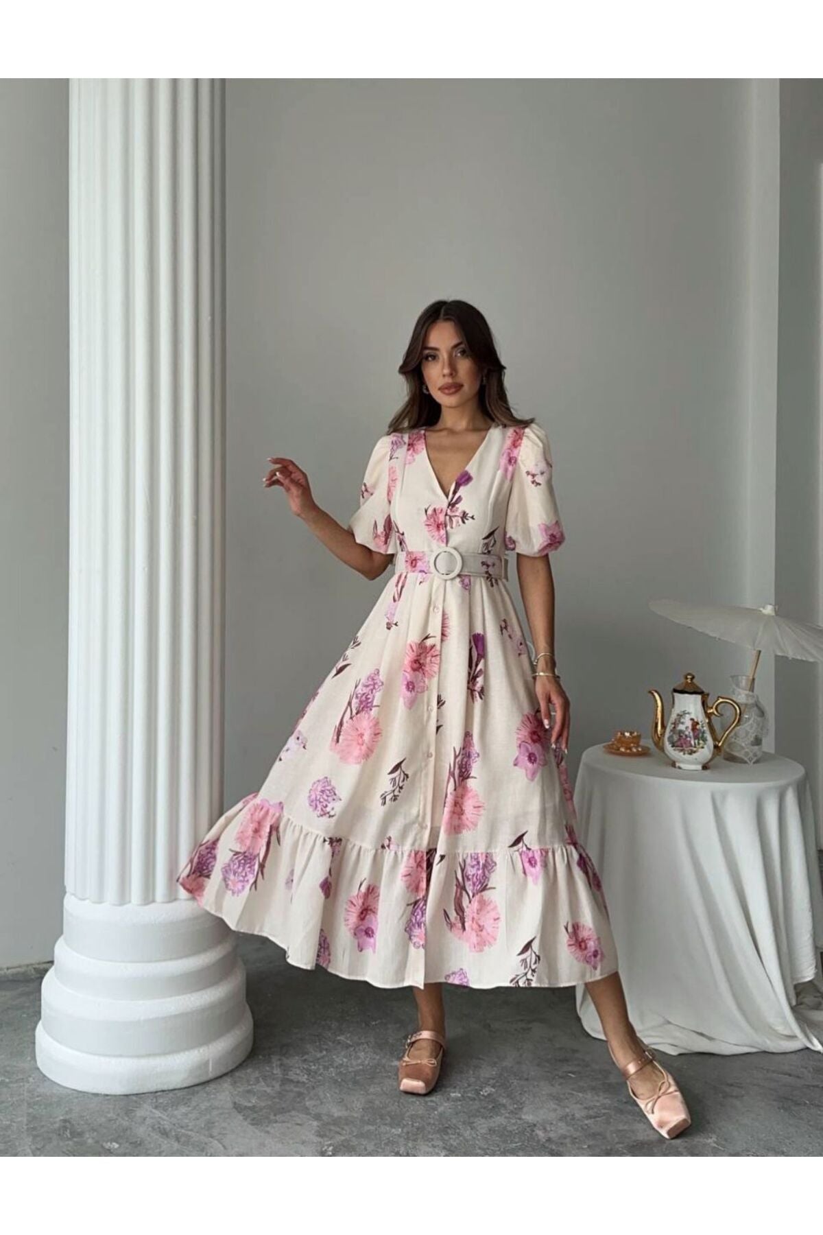 DESENLİ REGULAR KALIP UZUN ELBİSE #3040