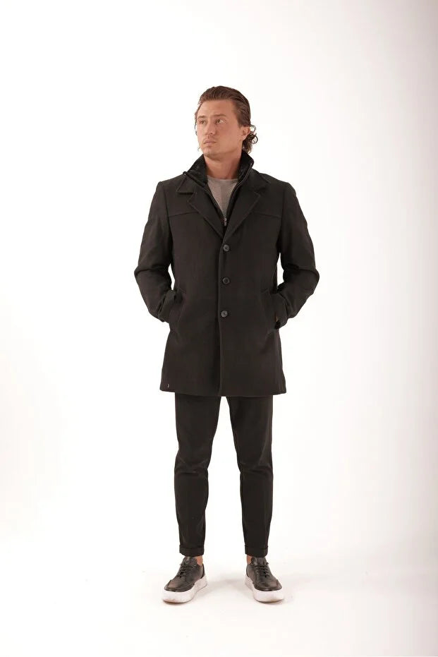 Erkek Yakası Kürklü Çıkma Yelekli Palto - Siyah