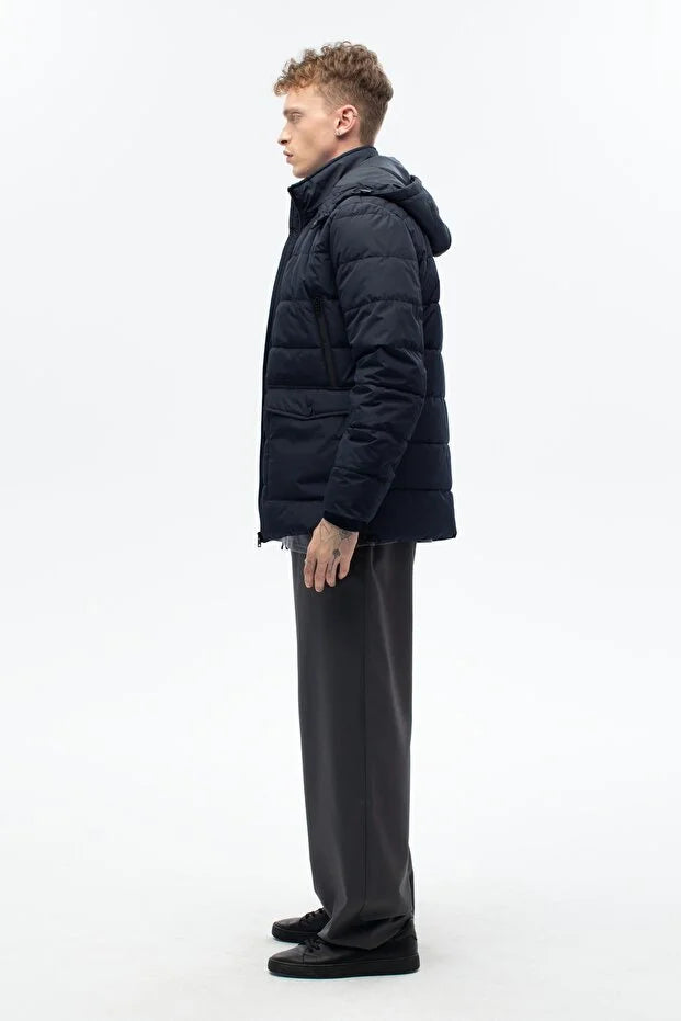 Erkek Lacivert Su Ve Rüzgar Geçirmez Kapşonlu Mont