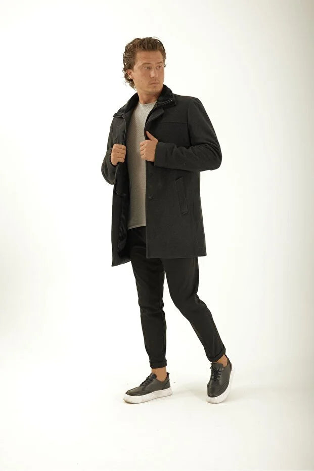 Erkek Yakası Kürklü Çıkma Yelekli Palto - Antrasit