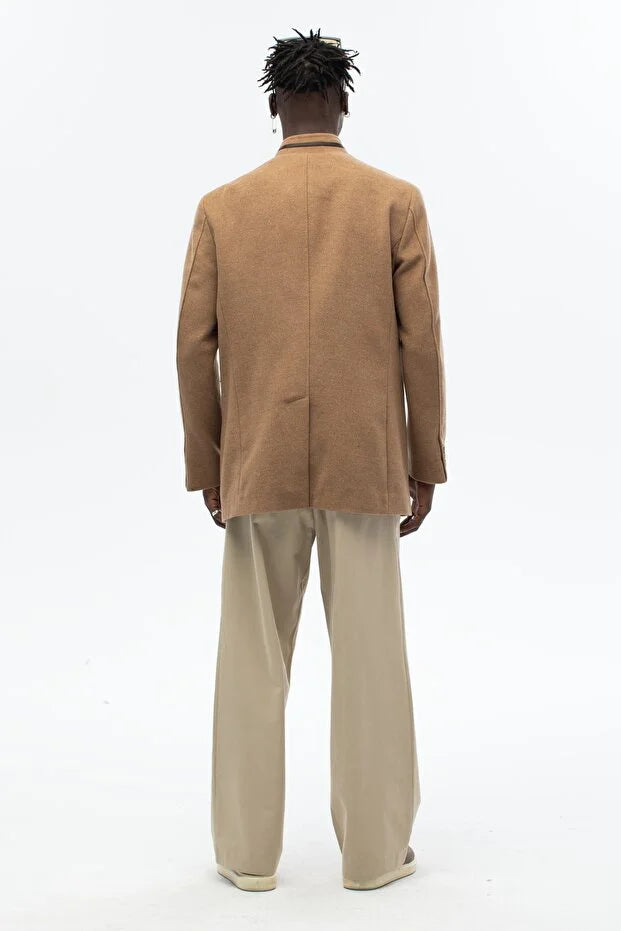 Erkek Yaka Deri Detaylı Standart Fit Palto- Camel
