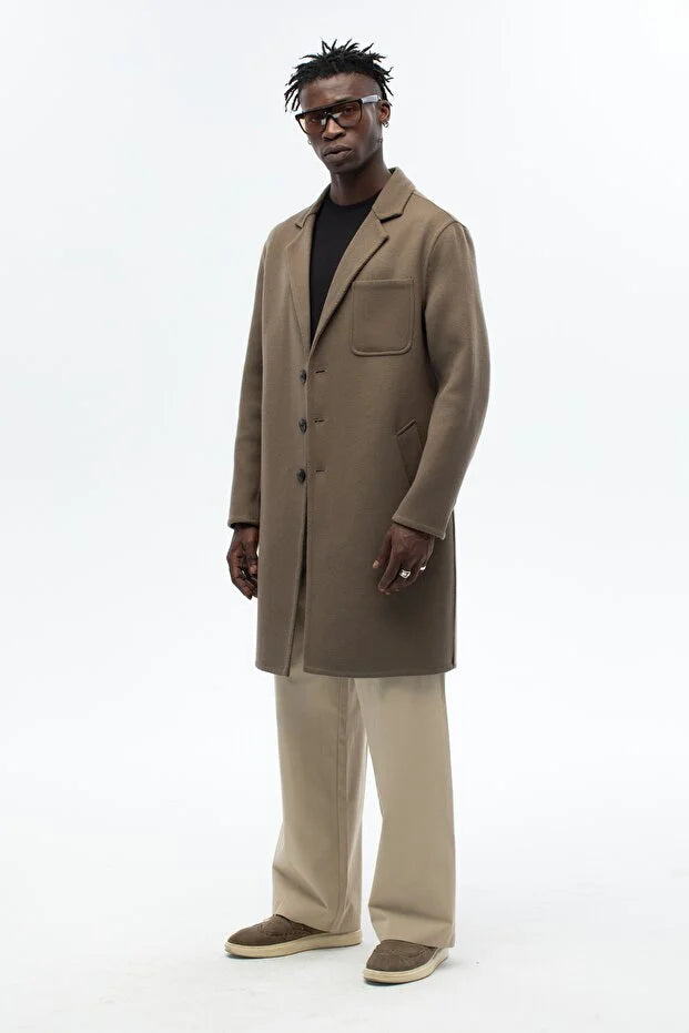 Erkek El Yapımı Yünlü Oversize Palto - Haki