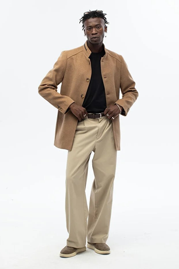 Erkek Yaka Deri Detaylı Standart Fit Palto- Camel