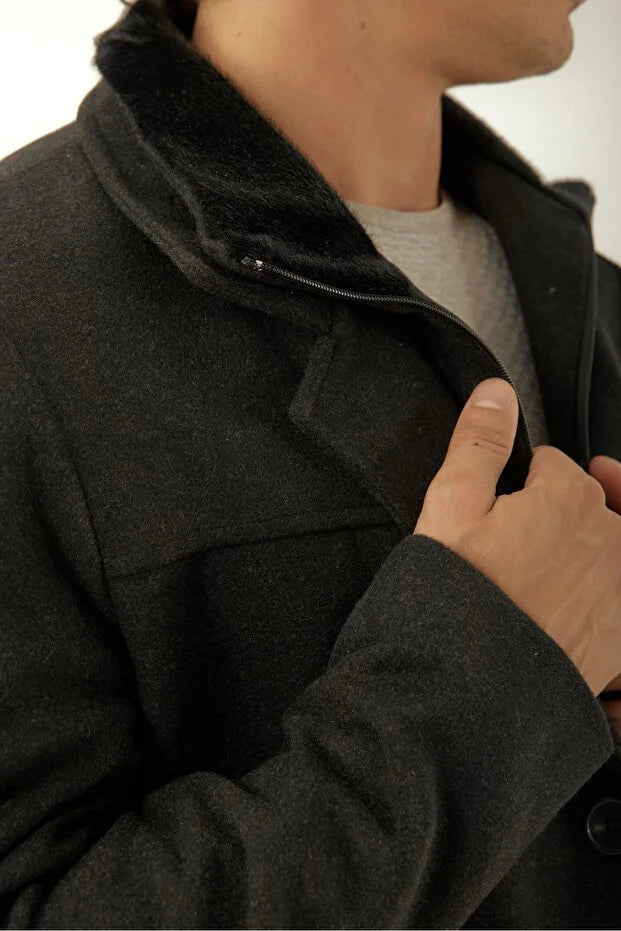 Erkek Yakası Kürklü Çıkma Yelekli Palto - Antrasit