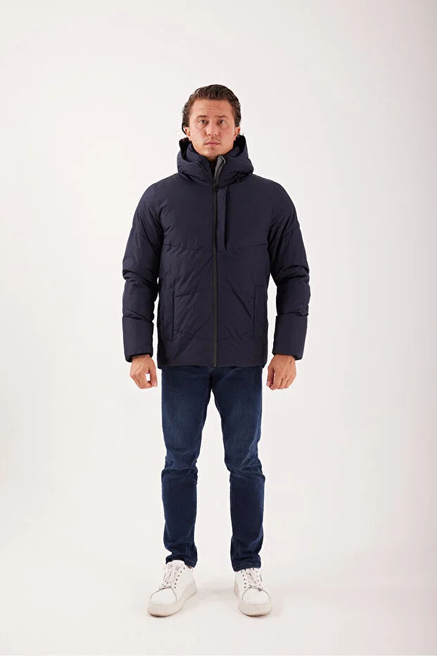 Erkek Dolumlu Kapşonlu Su İticili Mont - Lacivert