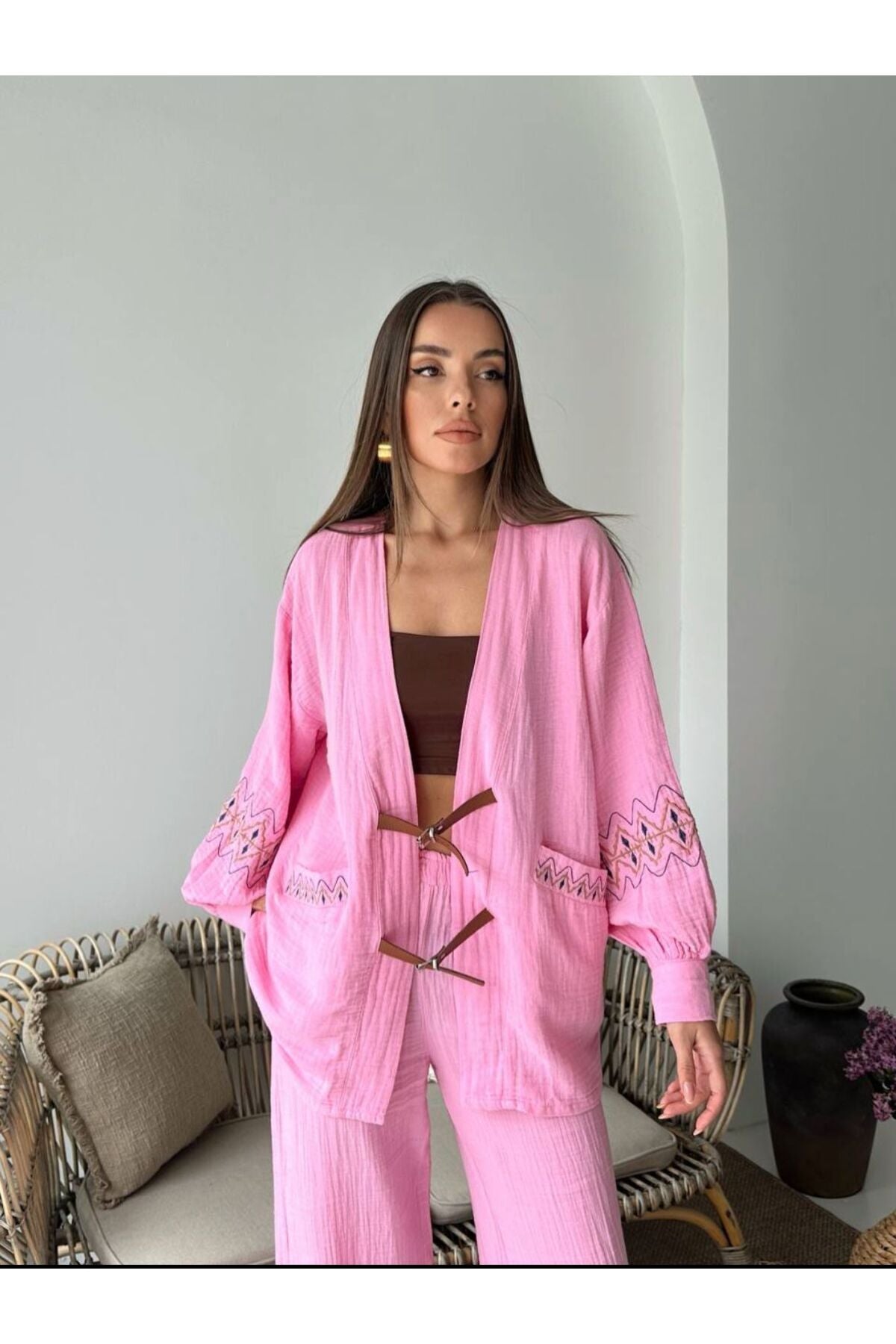 Yazlık Kumaş Relaxed Kalıp Kemer Detaylı Kimono