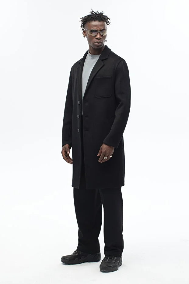 Erkek El Yapımı Yünlü Oversize Palto - Siyah