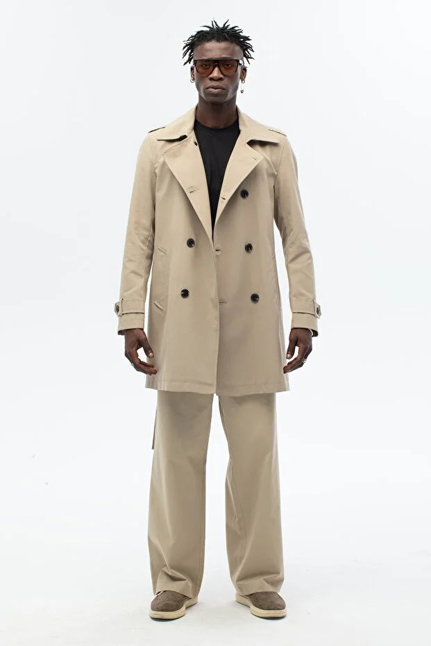 Erkek Kuşak Detaylı Regular Kalıp Kruvaze Trençkot - Bej