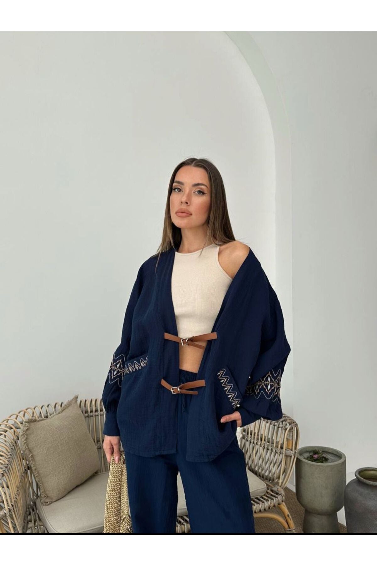 Yazlık Kumaş Relaxed Kalıp Kemer Detaylı Kimono