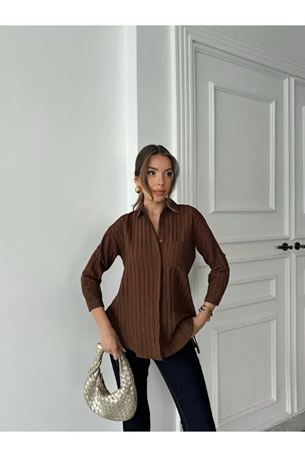 ÇİZGİ DETAYLI RELAX KALIP MUSLİN GÖMLEK #2083
