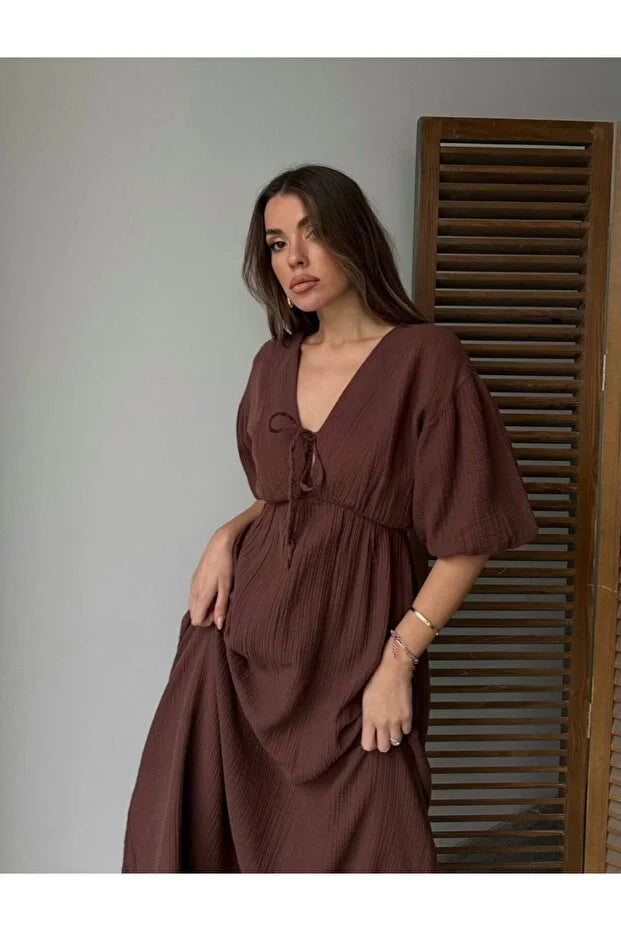 MUSLİN KUMAŞ RELAXED KALIP YAZLIK ELBİSE #3008