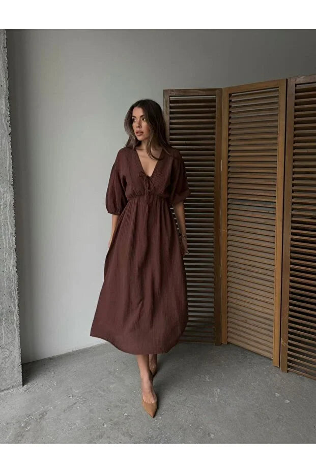 MUSLİN KUMAŞ RELAXED KALIP YAZLIK ELBİSE #3008
