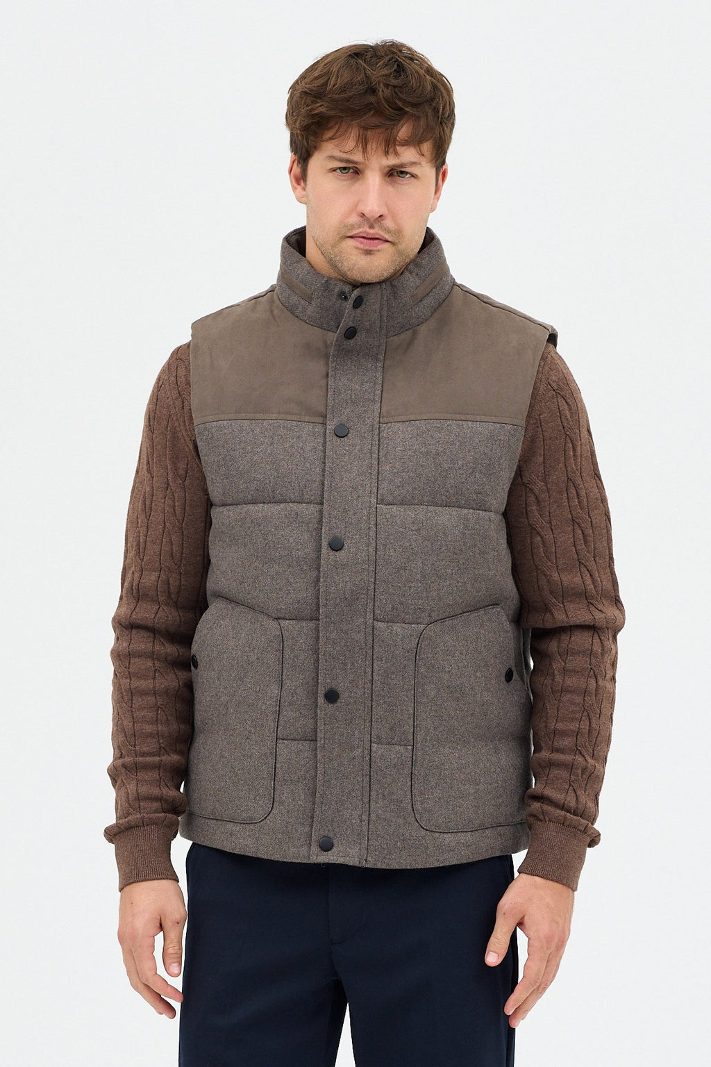 Yün Karışımlı Süet Garnili Puffer Casual Regular Kalıp Yelek