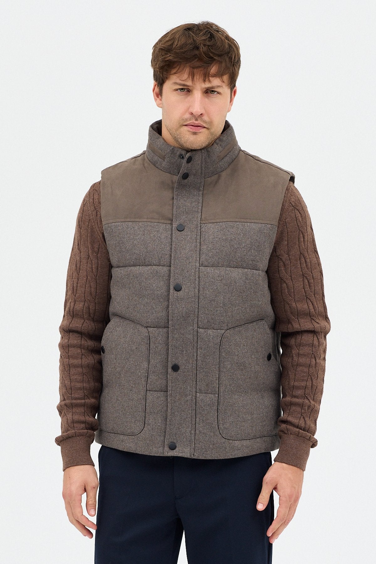 Yün Karışımlı Süet Garnili Puffer Casual Regular Kalıp Yelek