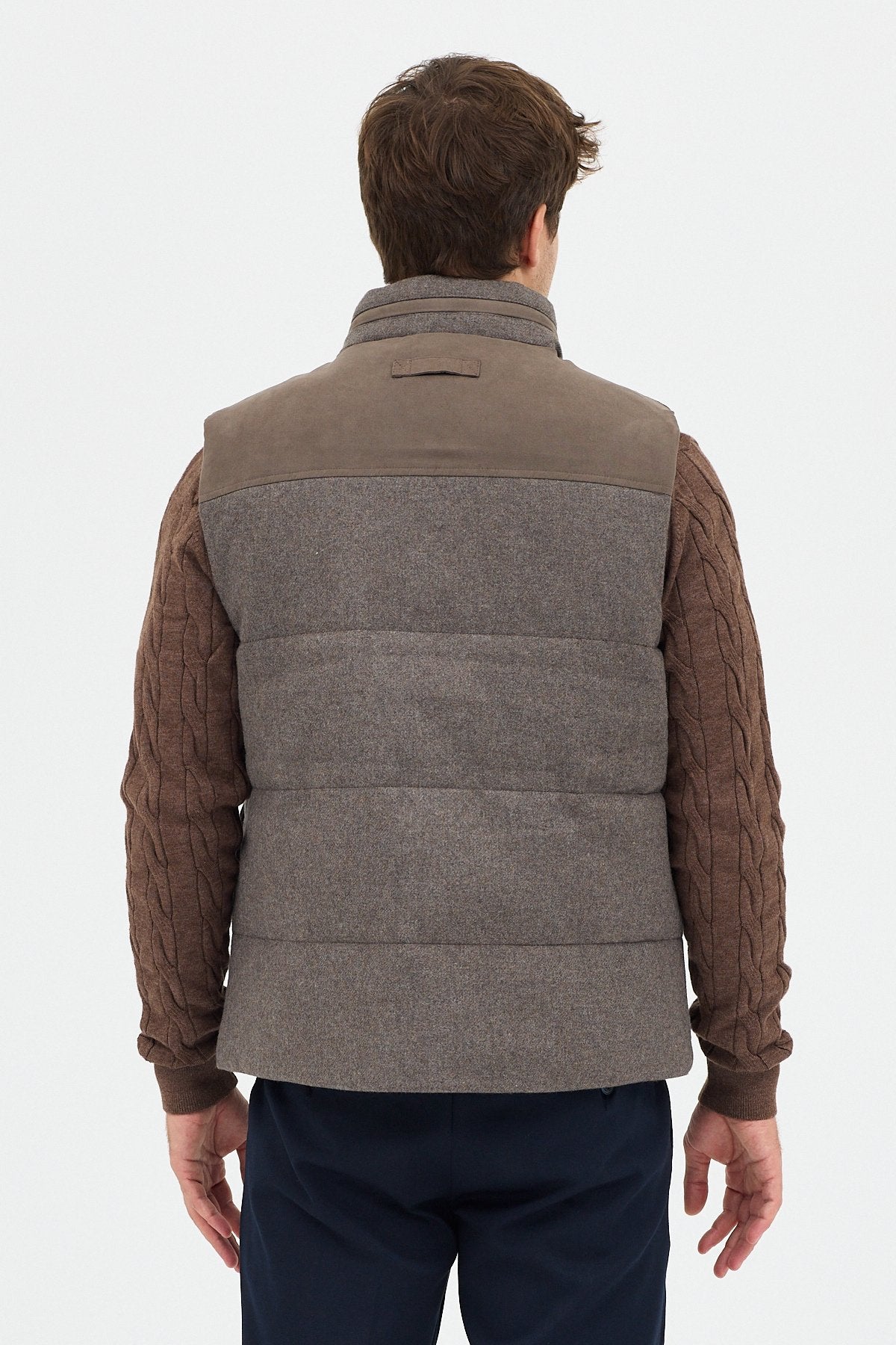 Yün Karışımlı Süet Garnili Puffer Casual Regular Kalıp Yelek