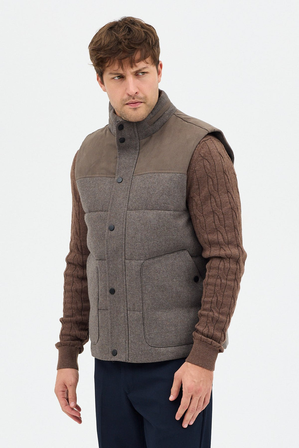 Yün Karışımlı Süet Garnili Puffer Casual Regular Kalıp Yelek