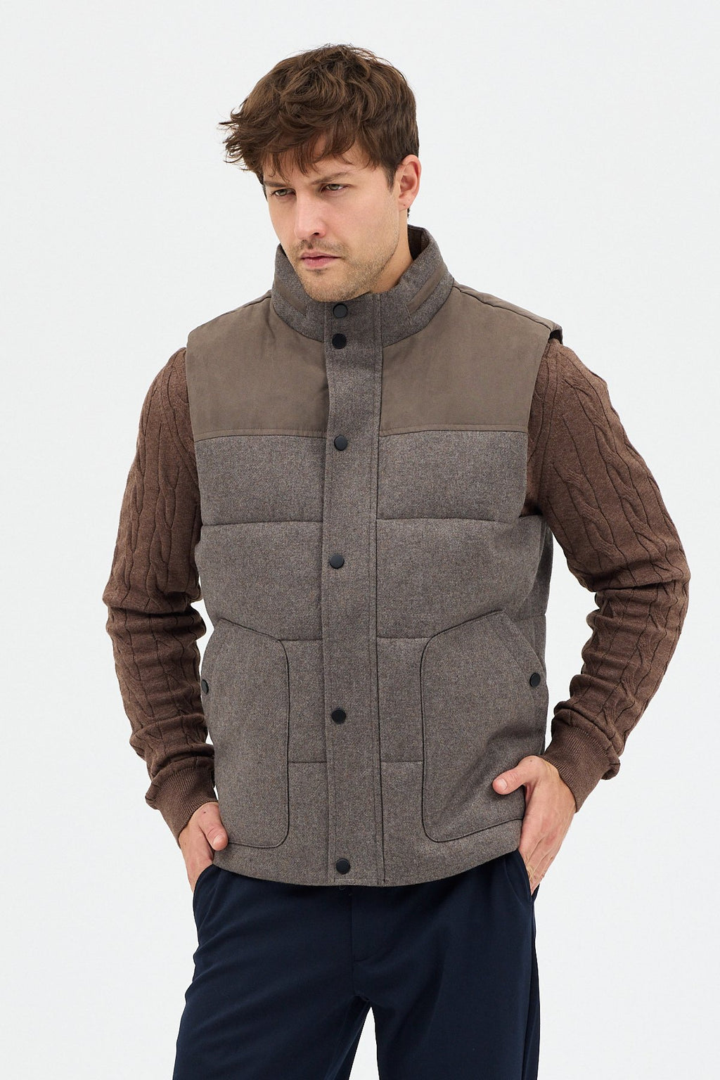 Yün Karışımlı Süet Garnili Puffer Casual Regular Kalıp Yelek