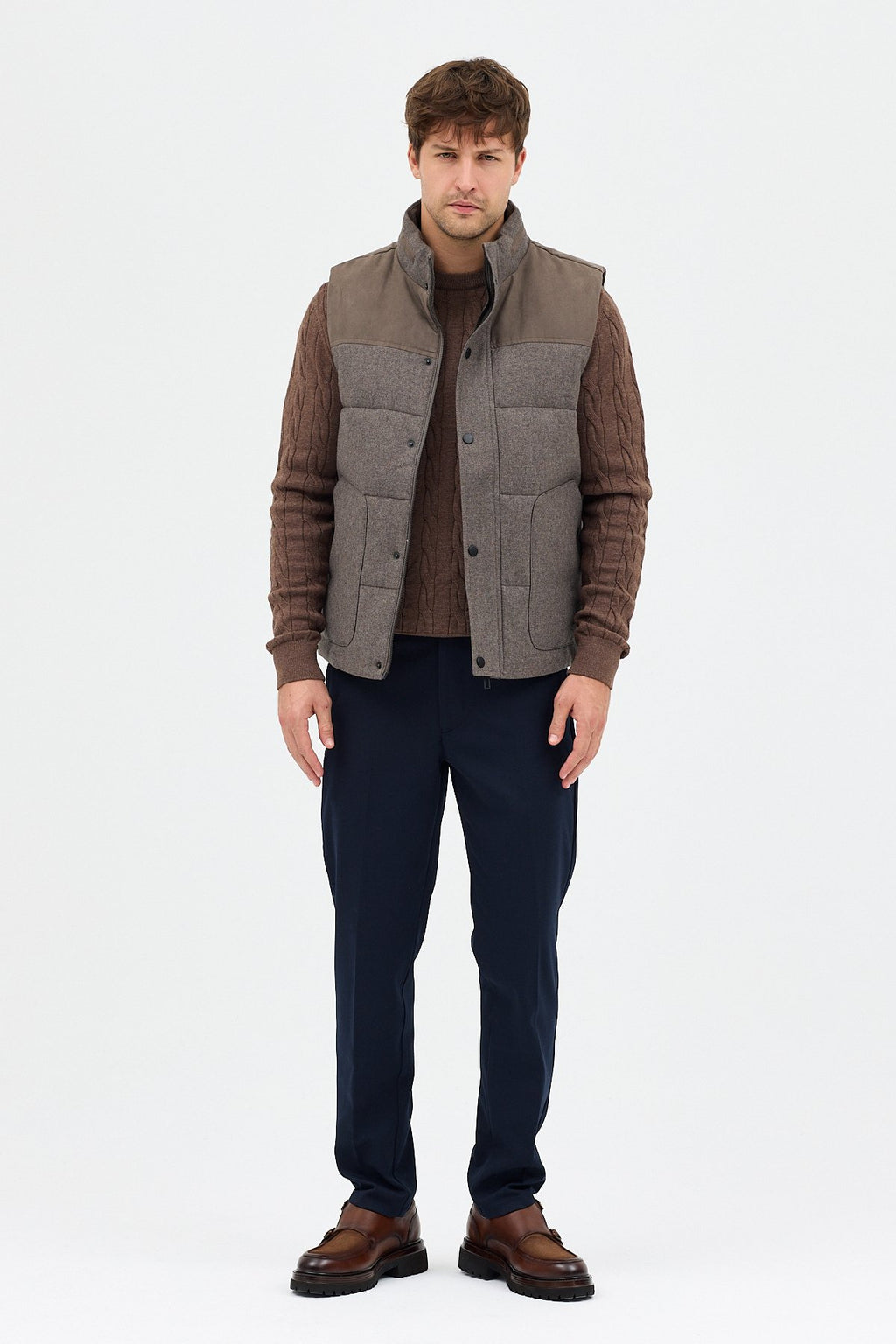 Yün Karışımlı Süet Garnili Puffer Casual Regular Kalıp Yelek