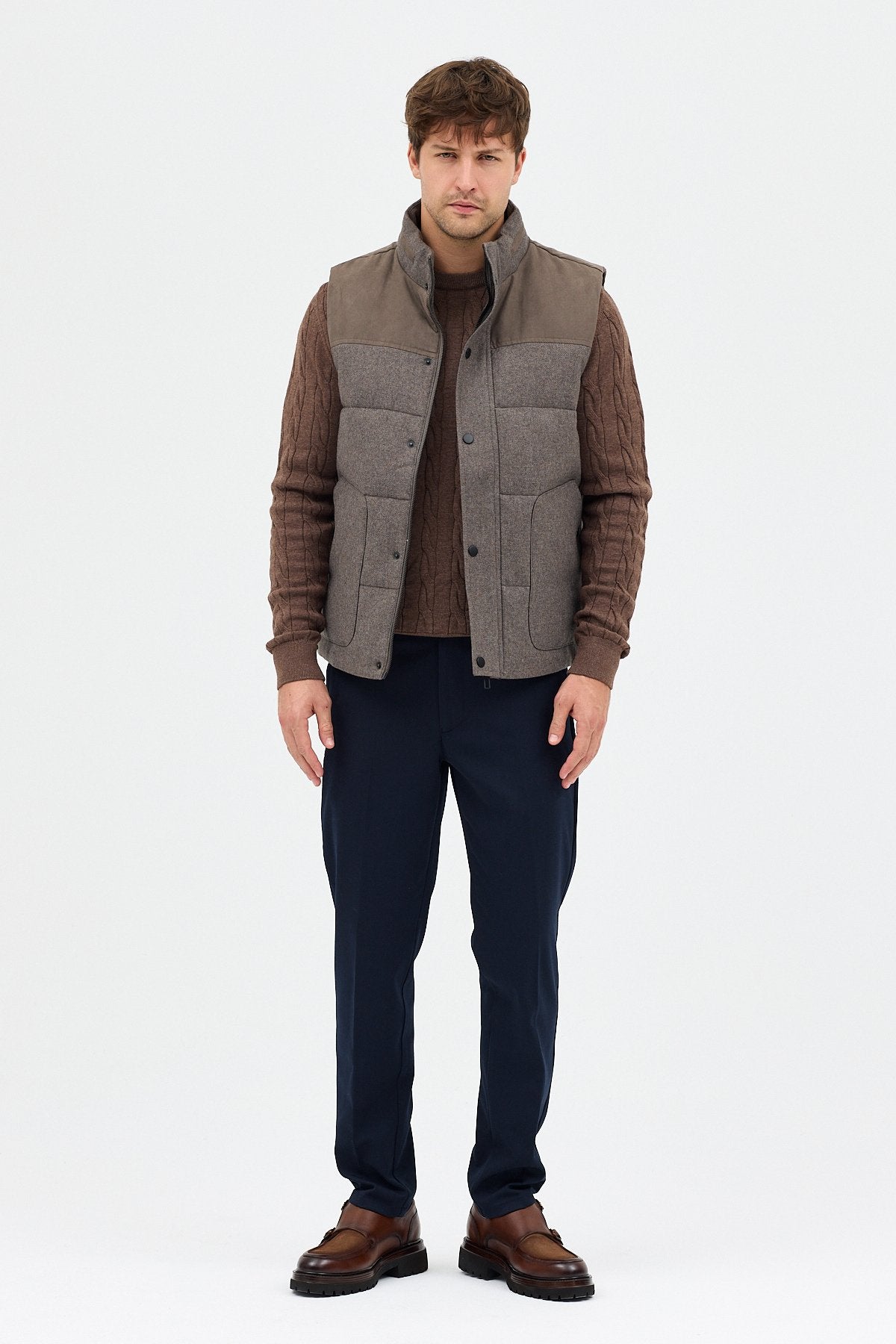 Yün Karışımlı Süet Garnili Puffer Casual Regular Kalıp Yelek