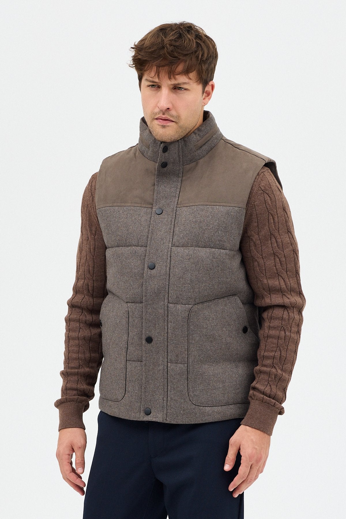 Yün Karışımlı Süet Garnili Puffer Casual Regular Kalıp Yelek