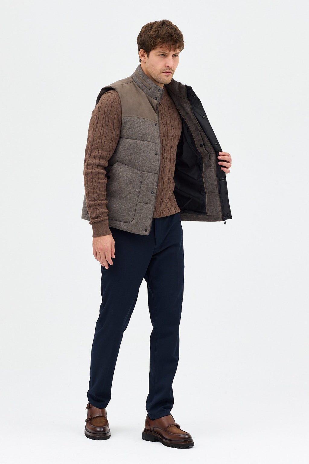 Yün Karışımlı Süet Garnili Puffer Casual Regular Kalıp Yelek