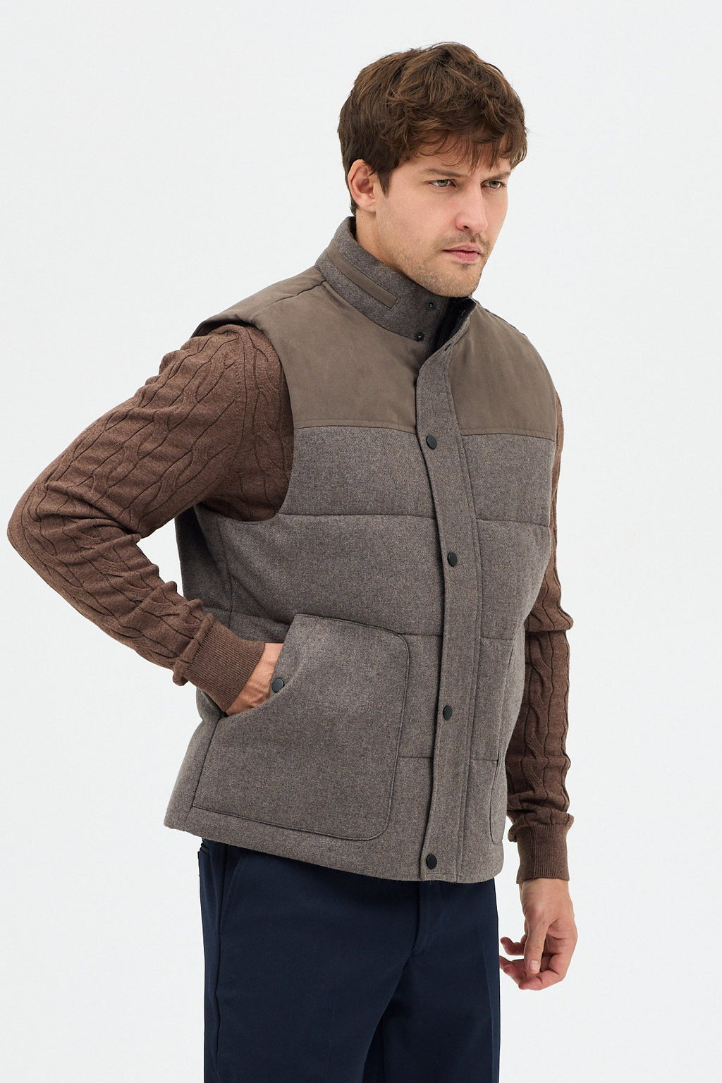 Yün Karışımlı Süet Garnili Puffer Casual Regular Kalıp Yelek