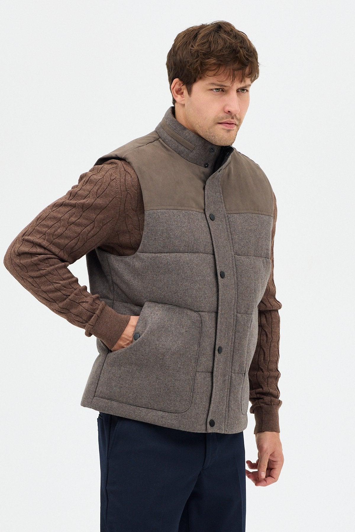 Yün Karışımlı Süet Garnili Puffer Casual Regular Kalıp Yelek